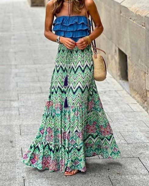 Boho Print Full Sweep Ruffle Maxi Skirt - Green