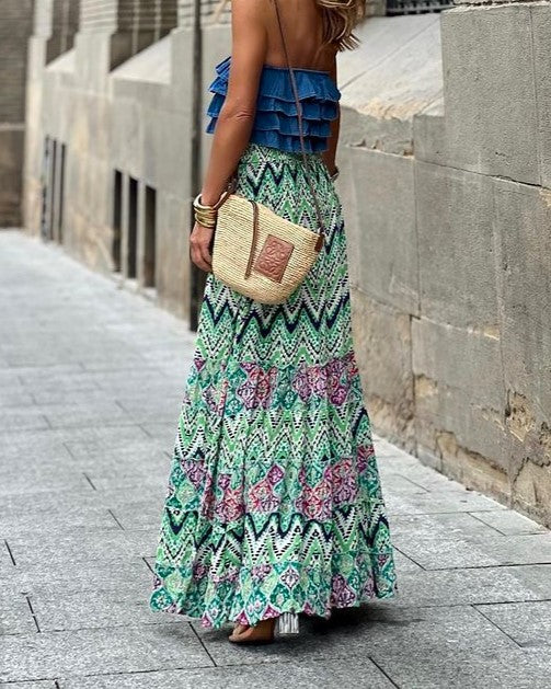 Boho Print Full Sweep Ruffle Maxi Skirt - Green - 1