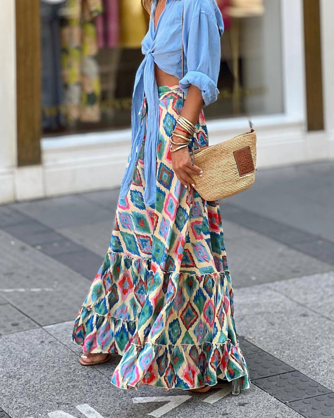 Boho Print Full Sweep Ruffle Maxi Skirt - Lattice - 1