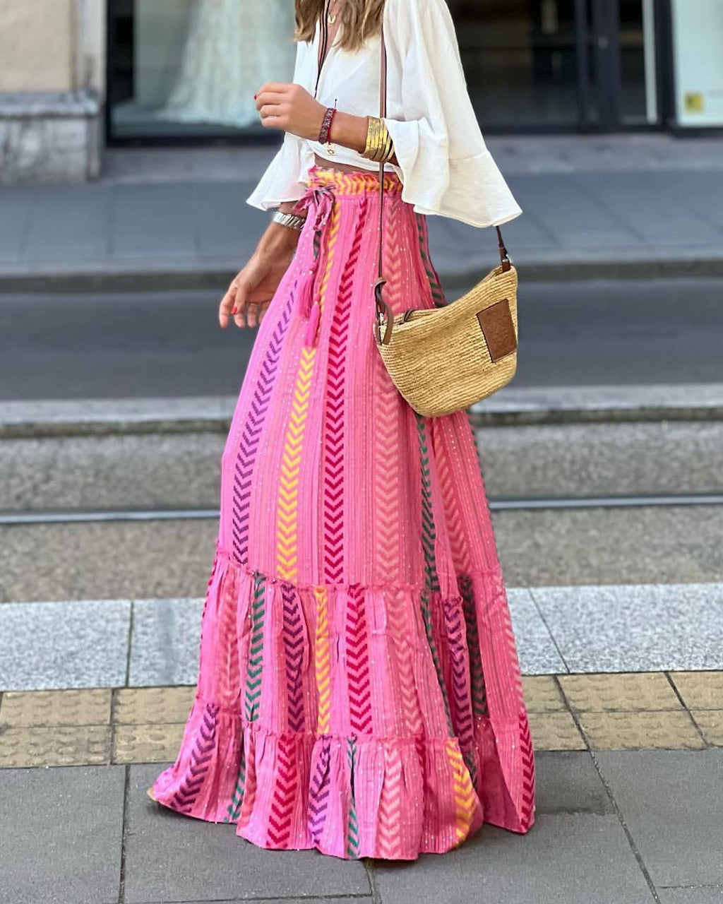 Boho Print Full Sweep Ruffle Maxi Skirt - Pink