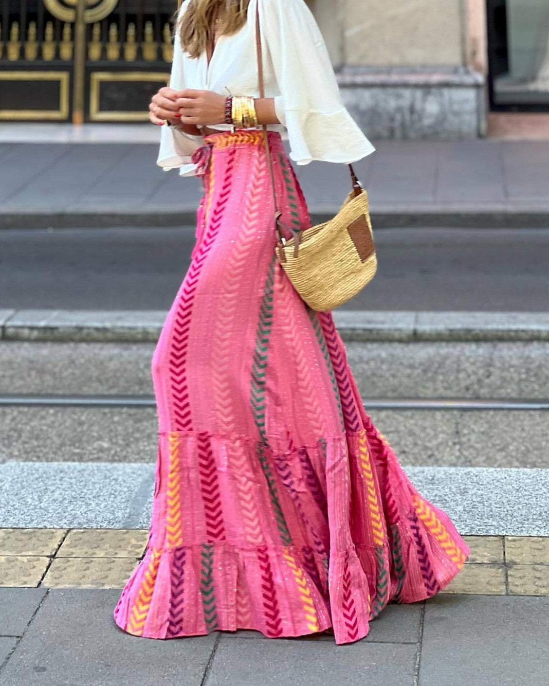 Boho Print Full Sweep Ruffle Maxi Skirt - Pink - 1