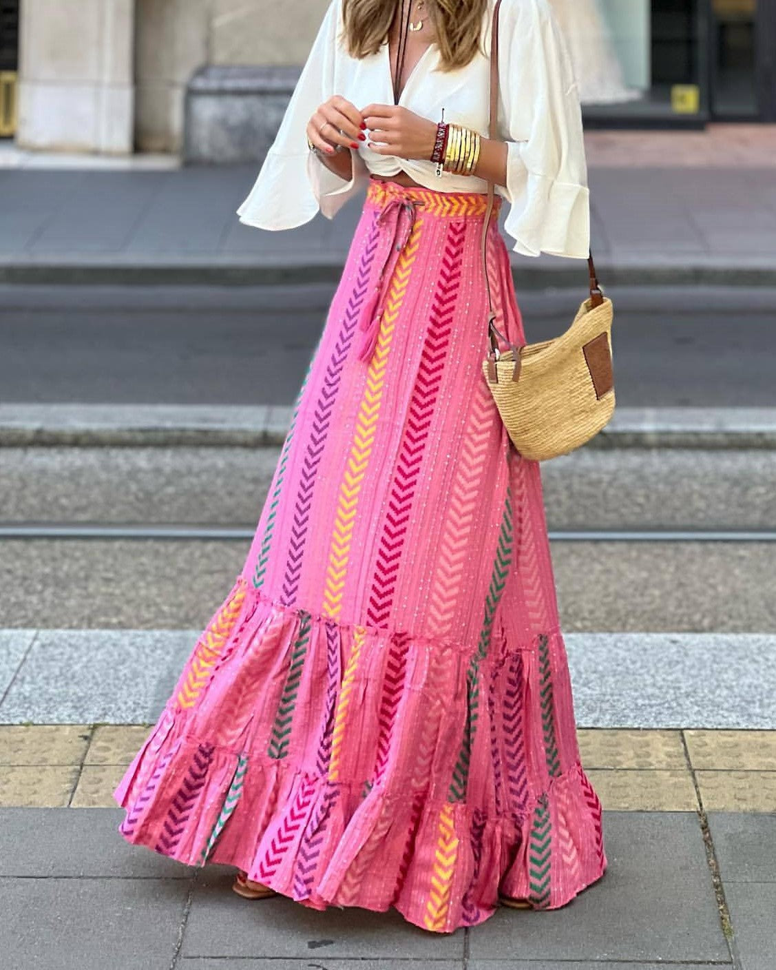 Boho Print Full Sweep Ruffle Maxi Skirt - Pink - 2