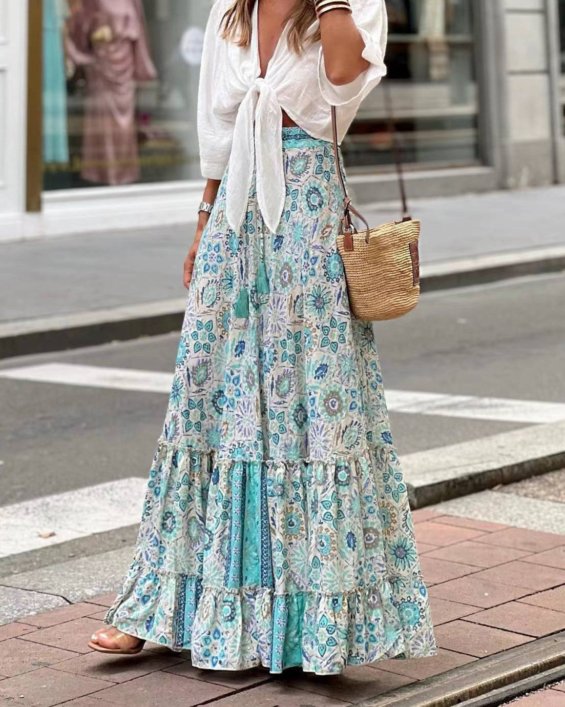 Boho Print Full Sweep Ruffle Maxi Skirt