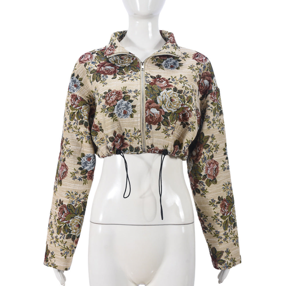 Floral Tapestry Cropped Zip Jacket - Apricot