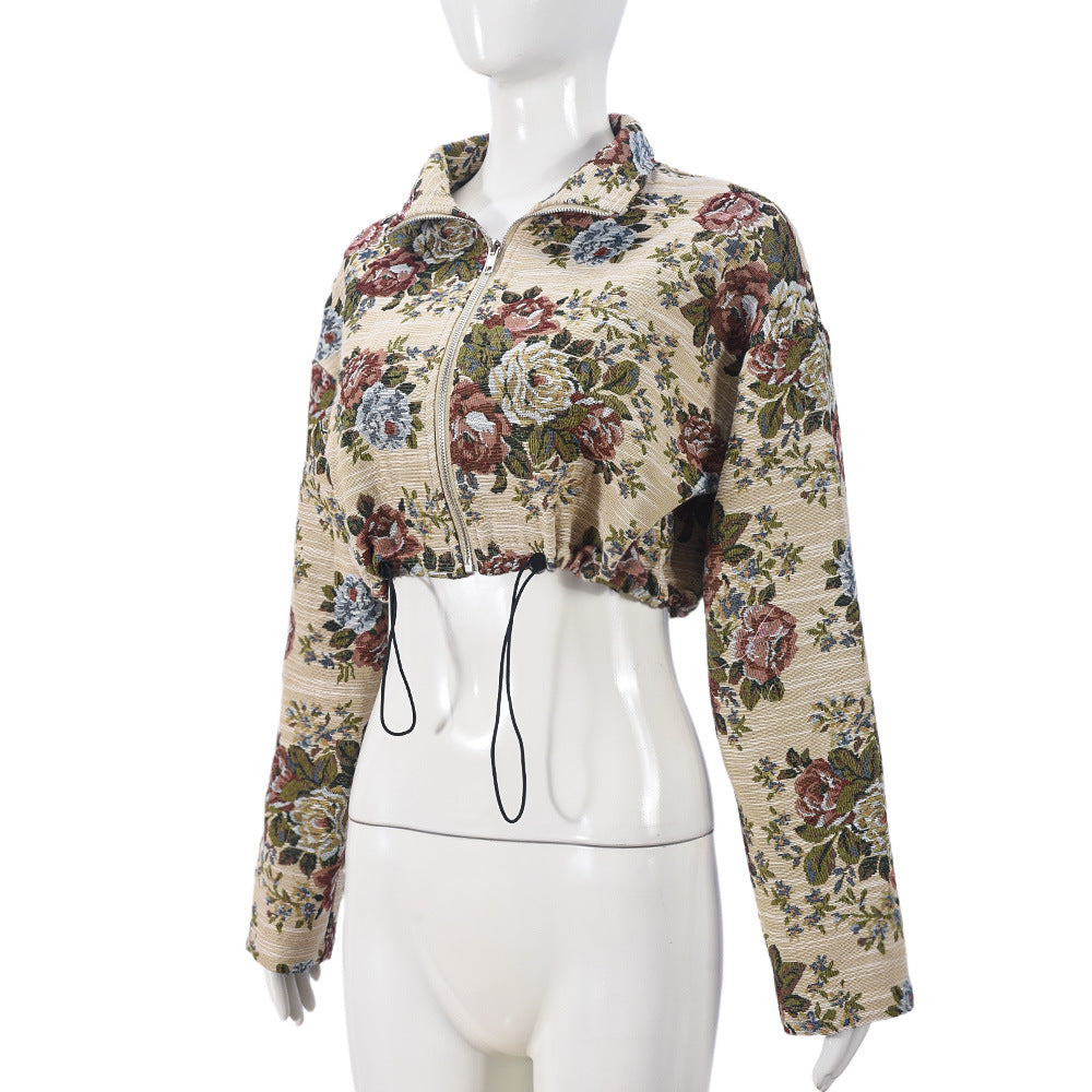 Floral Tapestry Cropped Zip Jacket - Apricot - 1