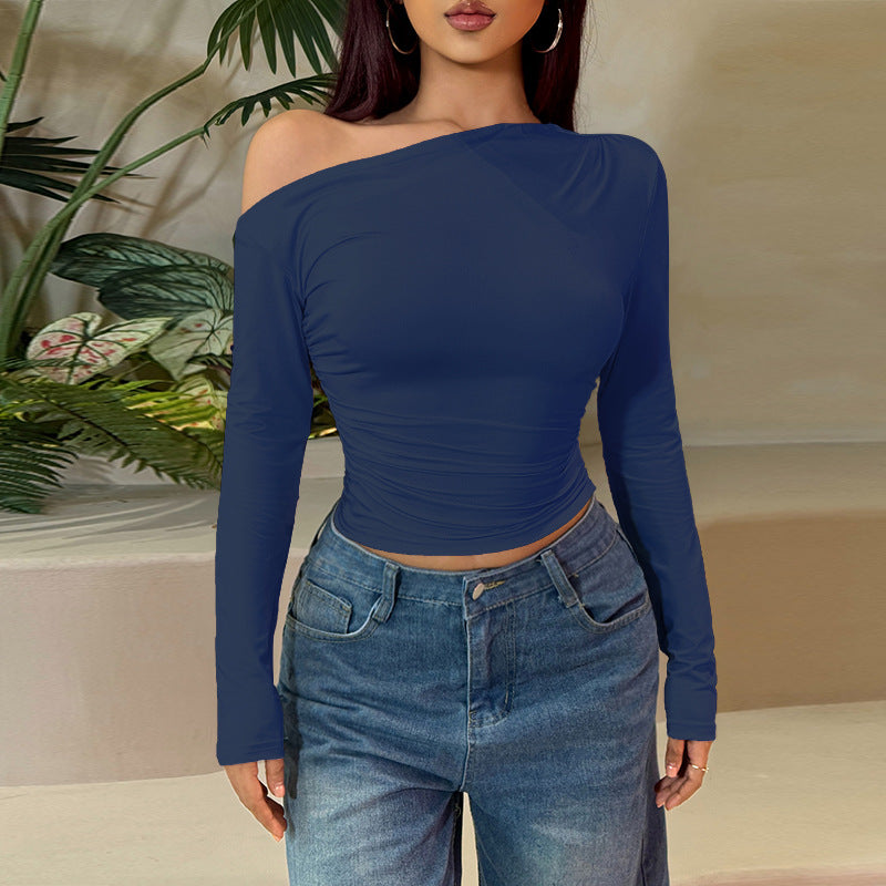 Asymmetric One Shoulder Ruched Slim Top - Darkblue