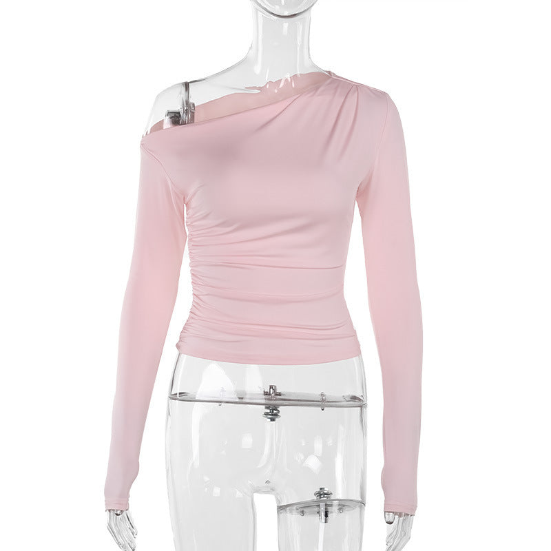 Asymmetric One Shoulder Ruched Slim Top - Pink - 2