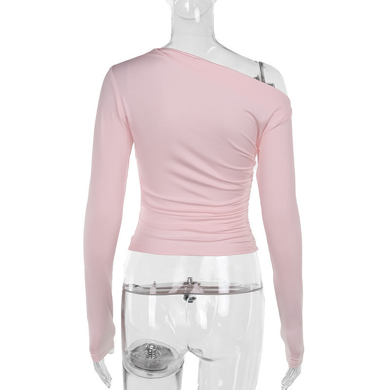 Asymmetric One Shoulder Ruched Slim Top - Pink - 3