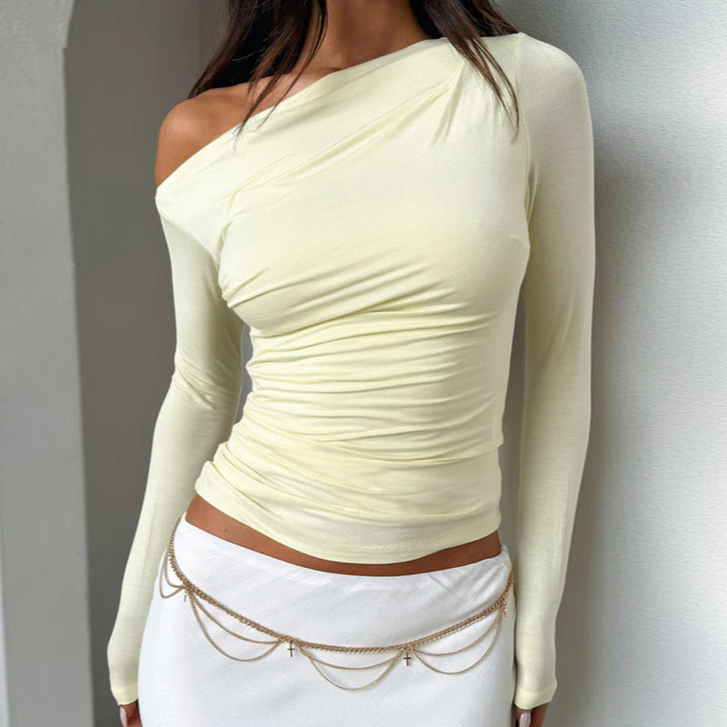 Asymmetric One Shoulder Ruched Slim Top - Yellow