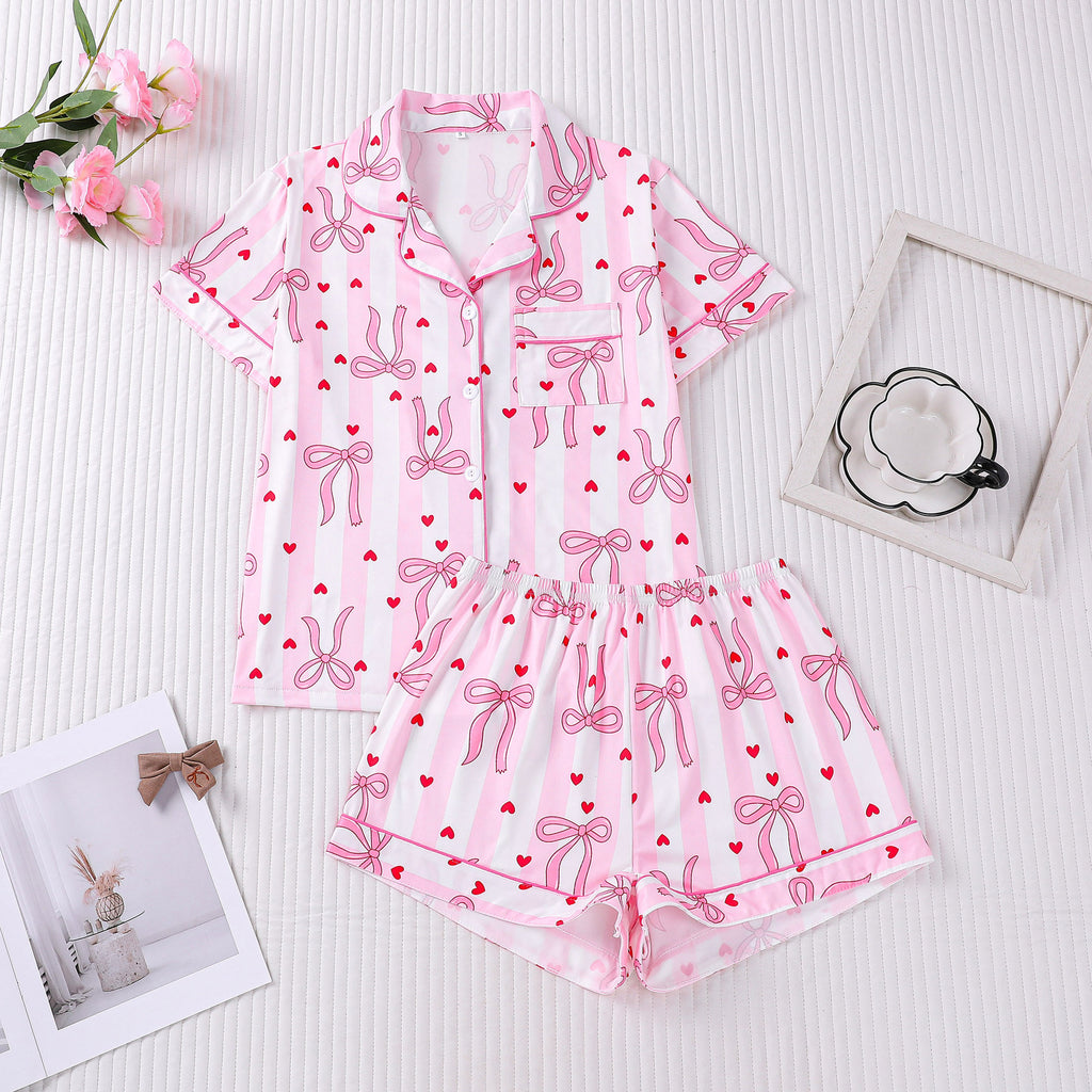 Striped Bow Heart Print Short Pajama Set - Pink