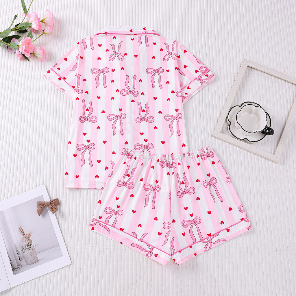 Striped Bow Heart Print Short Pajama Set - Pink - 1