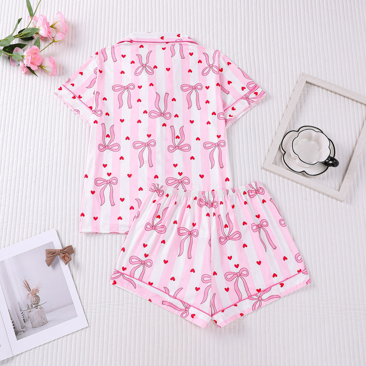 Striped Bow Heart Print Short Pajama Set - Pink - 1