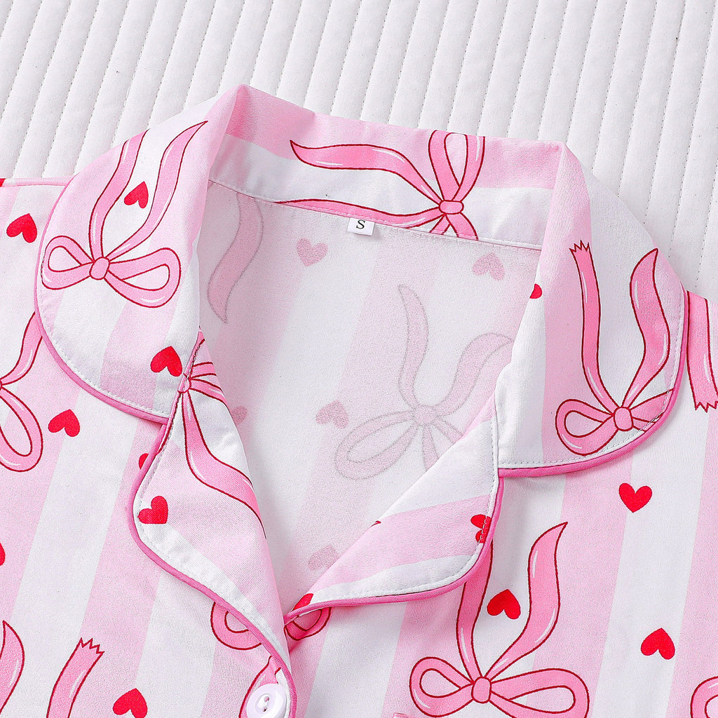 Striped Bow Heart Print Short Pajama Set - Pink - 2