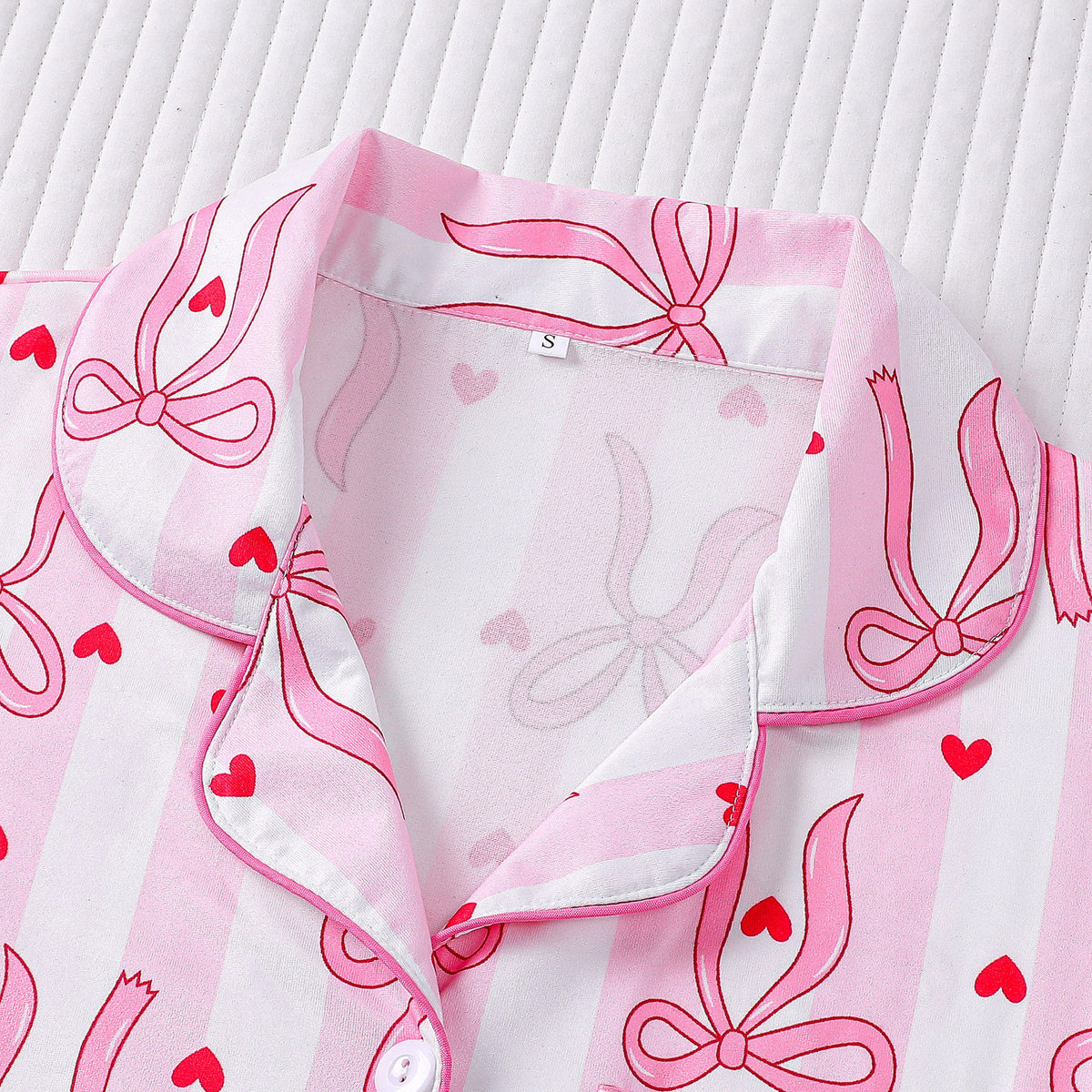 Striped Bow Heart Print Short Pajama Set - Pink - 2