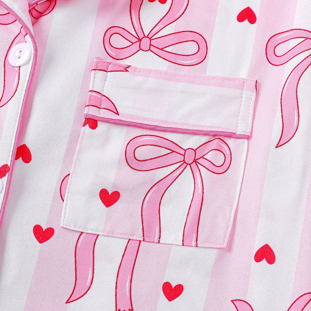 Striped Bow Heart Print Short Pajama Set - Pink - 3
