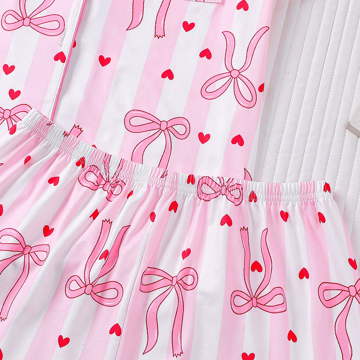 Striped Bow Heart Print Short Pajama Set - Pink - 4
