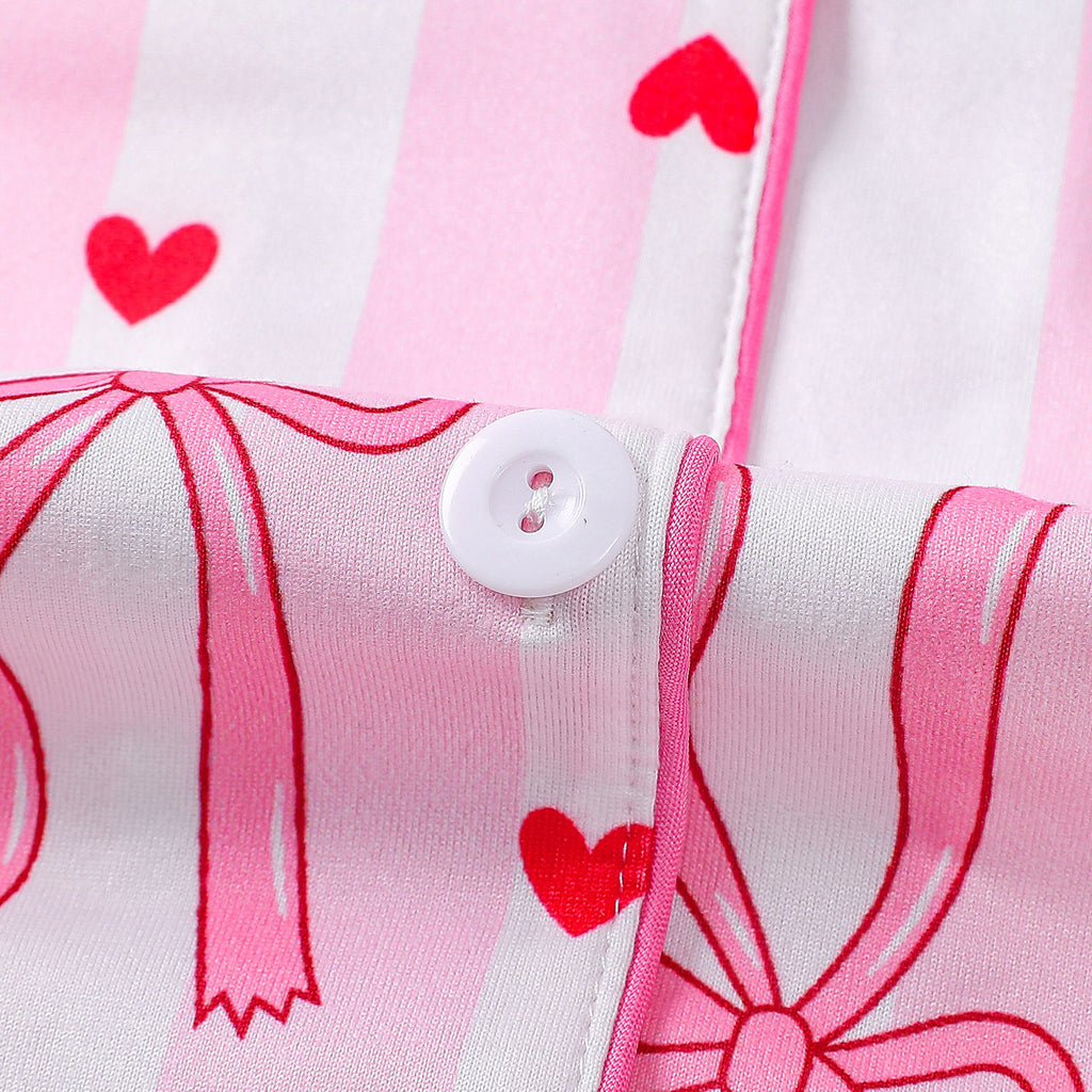 Striped Bow Heart Print Short Pajama Set - Pink - 5