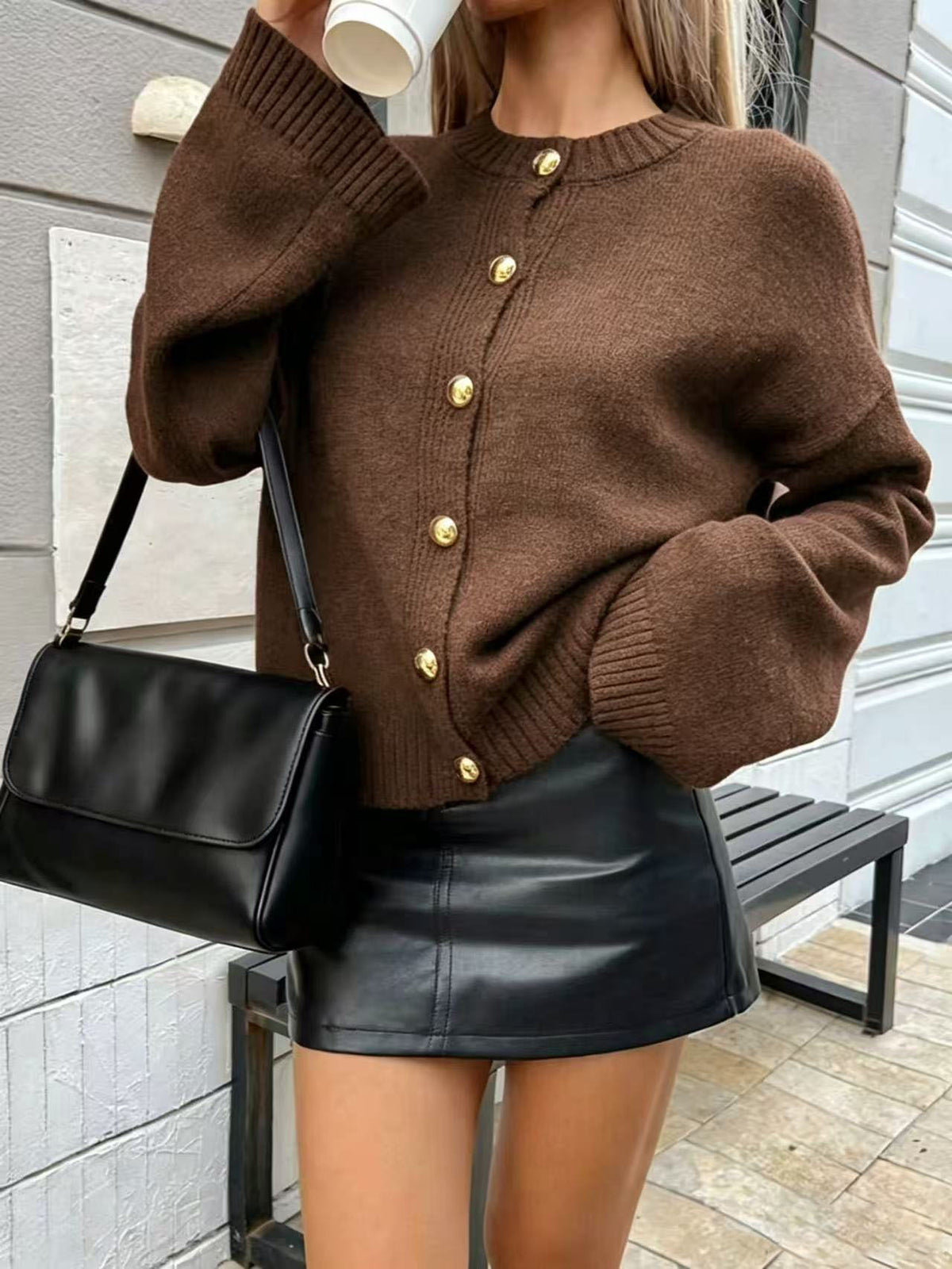 Slouchy Button Front Crew Neck Cardigan - Coffee