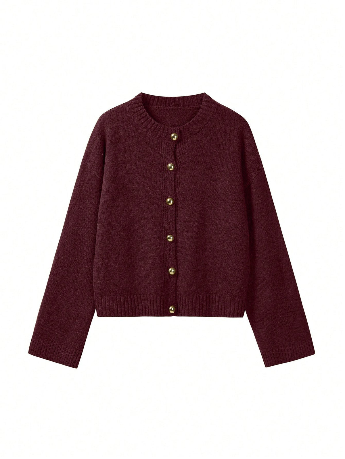 Slouchy Button Front Crew Neck Cardigan - Wine_Red - 1