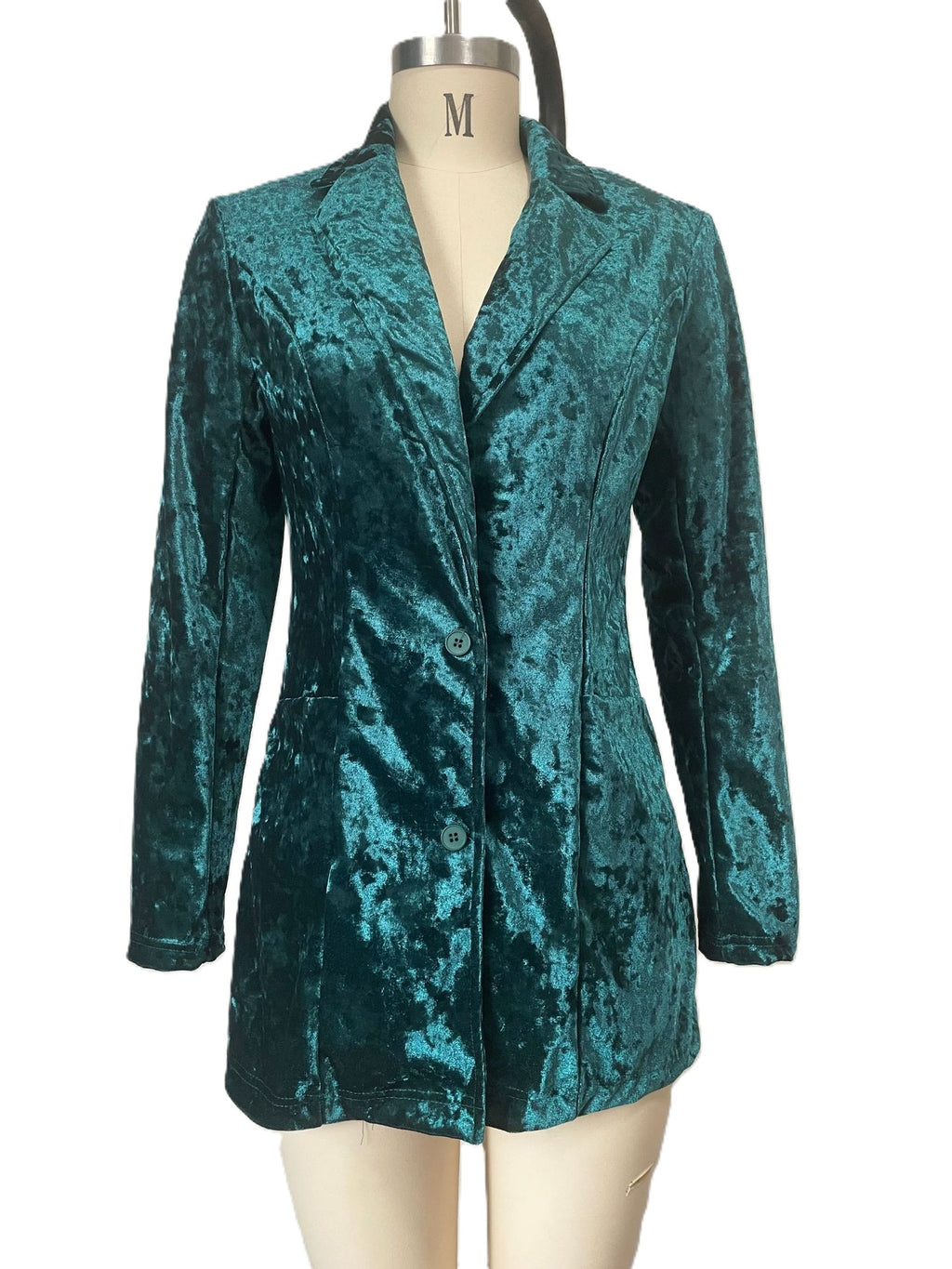 Crushed Velvet Open Front Longline Blazer - Green