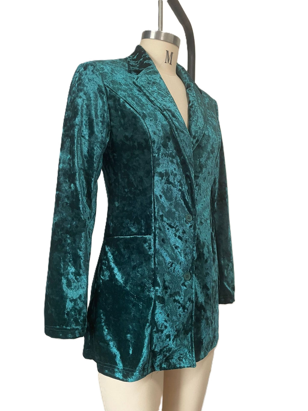 Crushed Velvet Open Front Longline Blazer - Green - 1