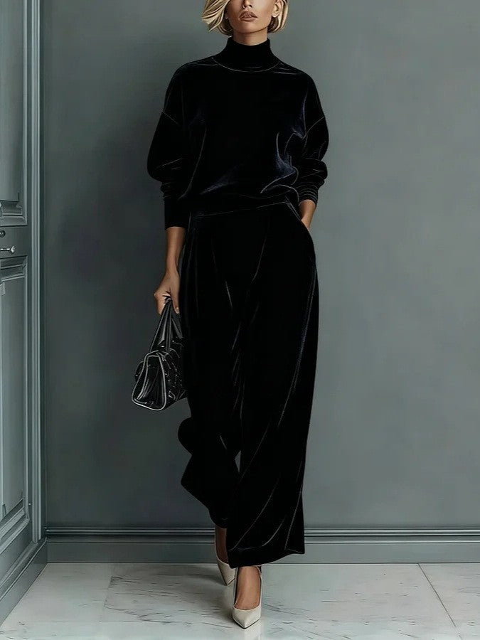Velvet Mock Neck Wide Leg Athletic Tracksuit - Black