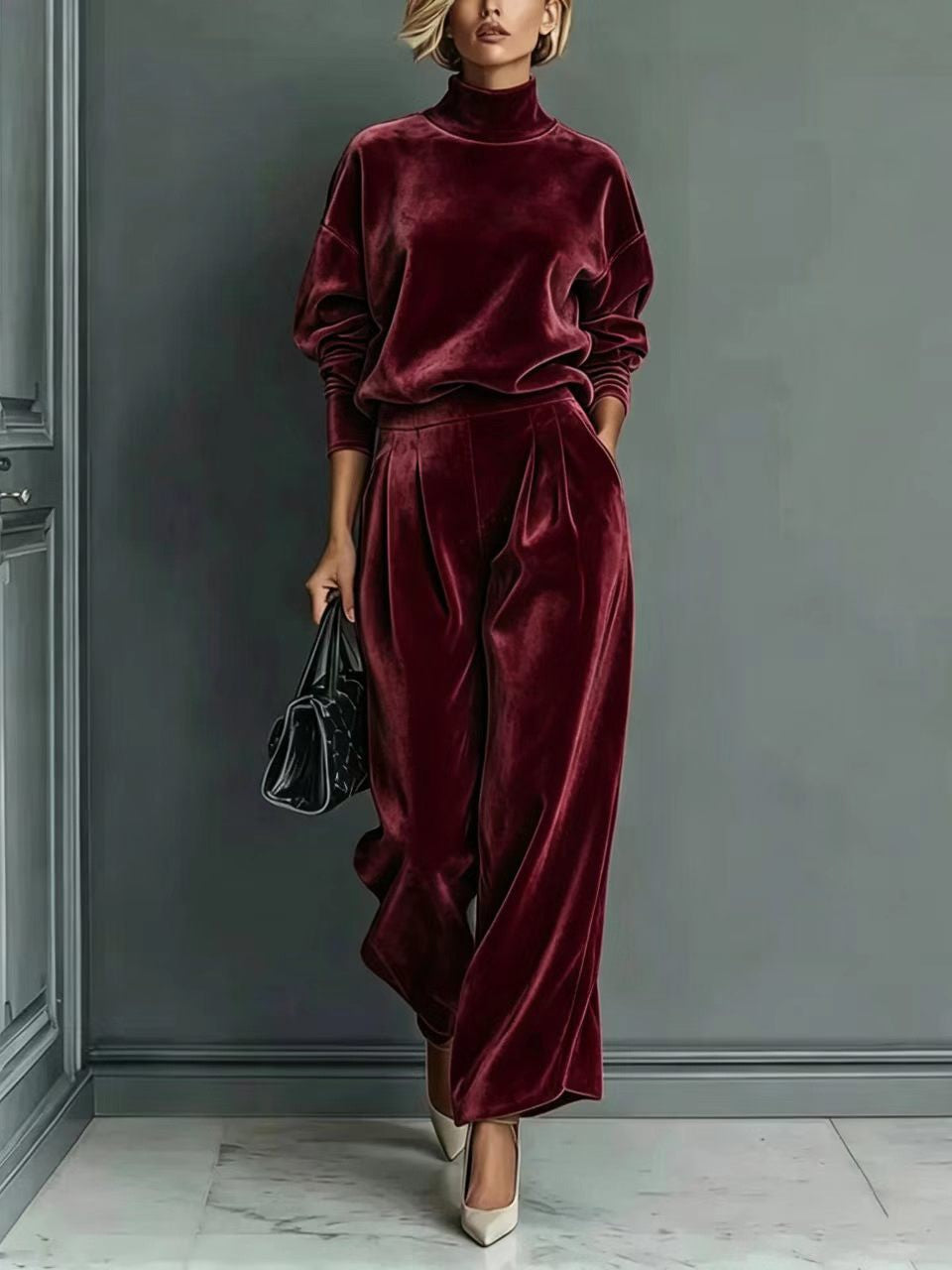 Velvet Mock Neck Wide Leg Athletic Tracksuit - Burgundy