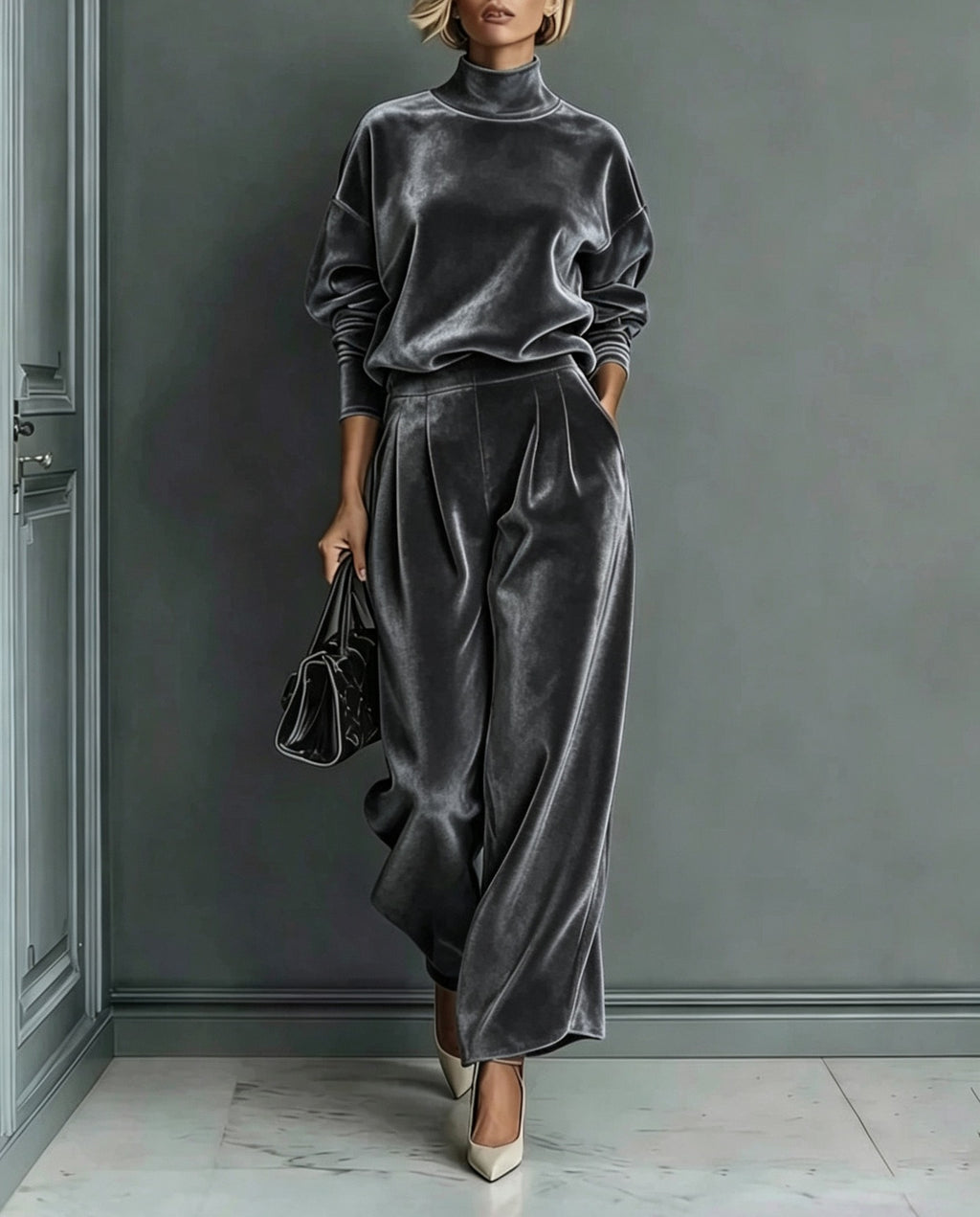 Velvet Mock Neck Wide Leg Athletic Tracksuit - Charcoal