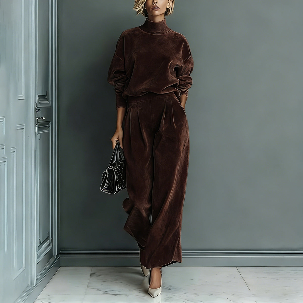 Velvet Mock Neck Wide Leg Athletic Tracksuit - Chocolate
