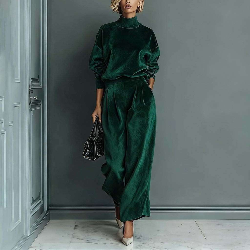 Velvet Mock Neck Wide Leg Athletic Tracksuit - Forest Green