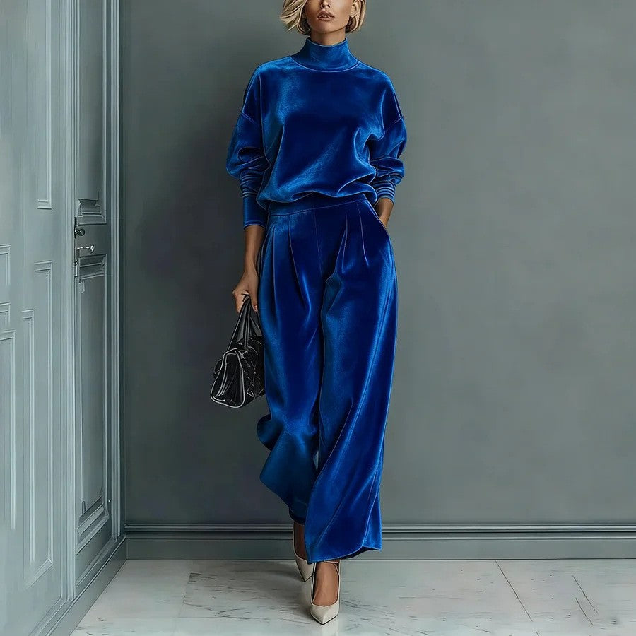 Velvet Mock Neck Wide Leg Athletic Tracksuit - Royal Blue
