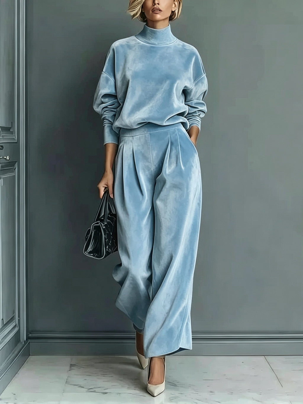 Velvet Mock Neck Wide Leg Athletic Tracksuit - Sky Blue
