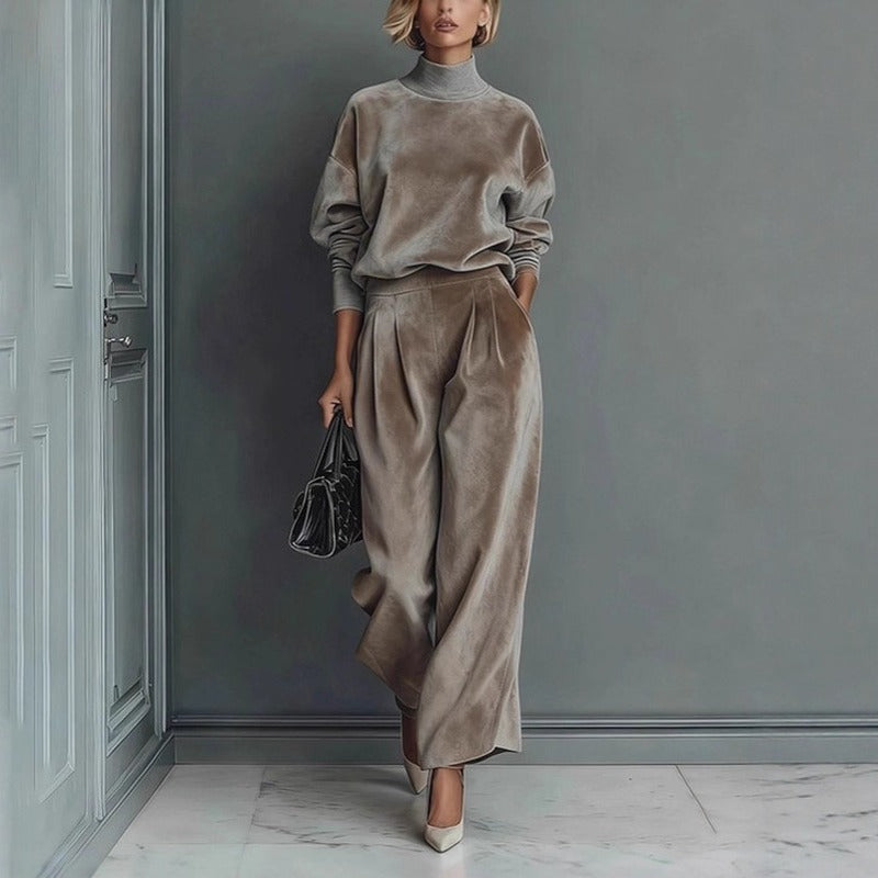 Velvet Mock Neck Wide Leg Athletic Tracksuit - Taupe