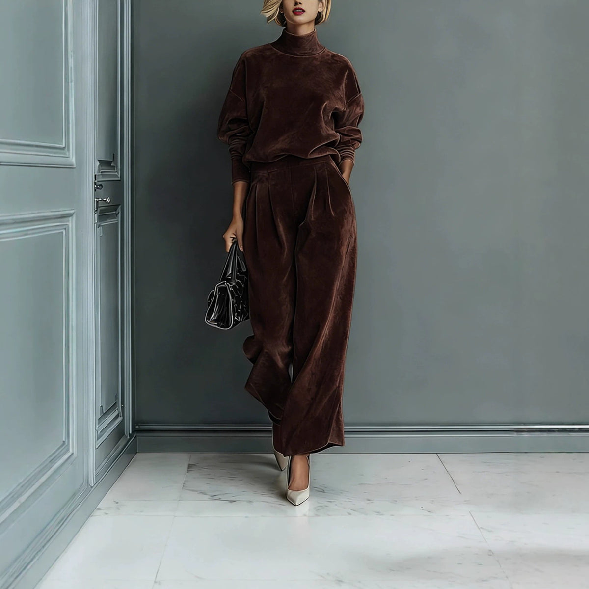 Velvet Mock Neck Wide Leg Athletic Tracksuit