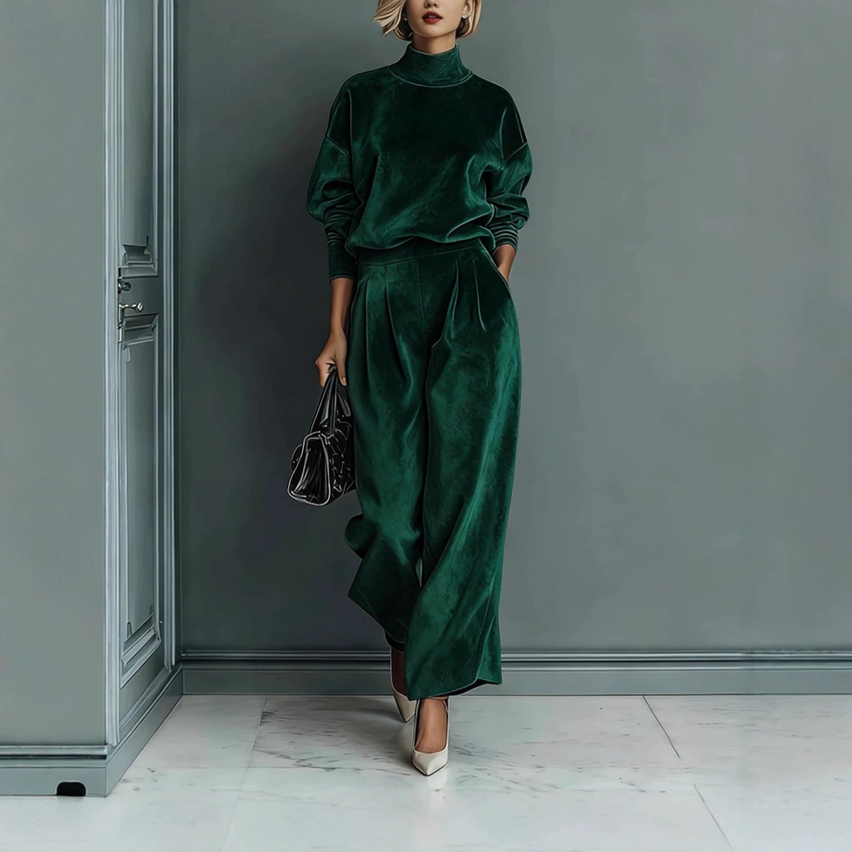 Velvet Mock Neck Wide Leg Athletic Tracksuit