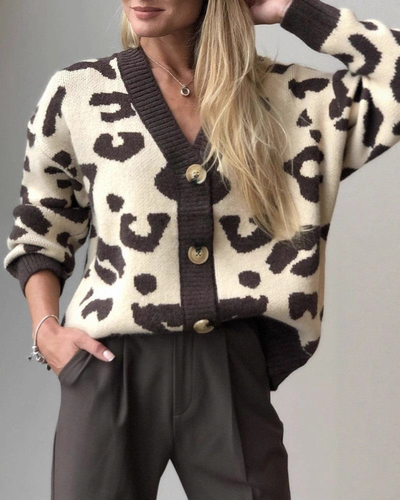 Slouchy Animal Print V Neck Cardigan - Leopard