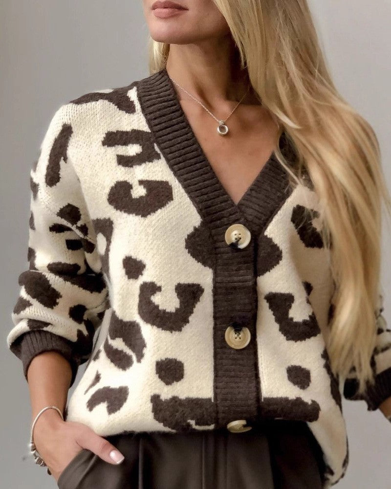 Slouchy Animal Print V Neck Cardigan - Leopard - 1