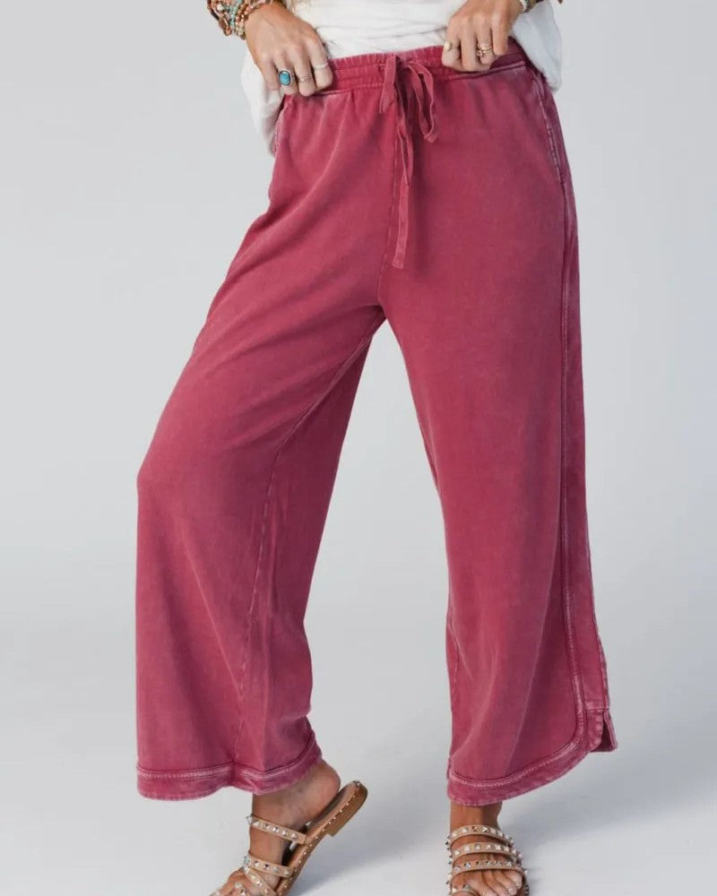 Garment Dyed Split Hem Lounge Trousers - Deep-Red