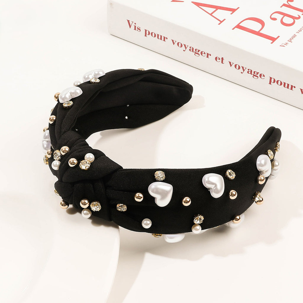 Glossy Heart Bead Knot Headband - Black