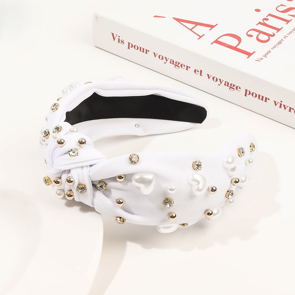 Glossy Heart Bead Knot Headband - White