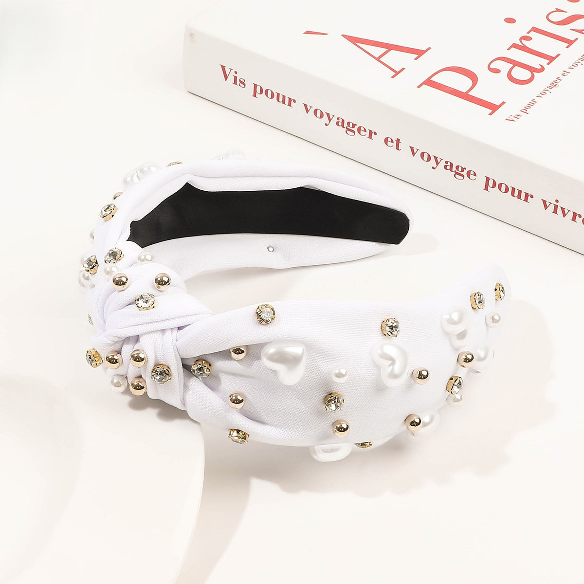 Glossy Heart Bead Knot Headband - White