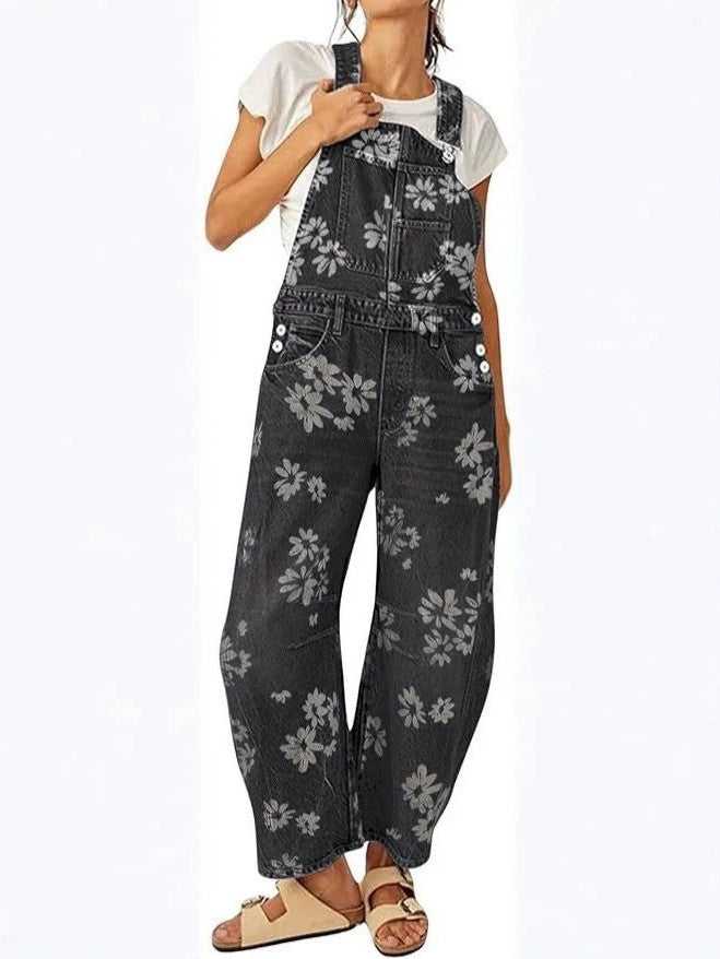 Floral Print Barrel Leg Denim Overalls with Pockets - Black