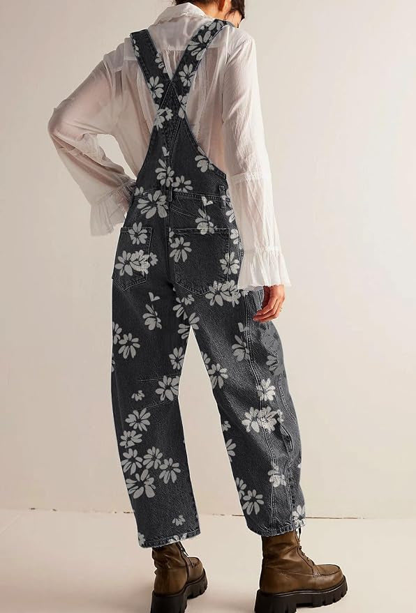 Floral Print Barrel Leg Denim Overalls with Pockets - Black - 1