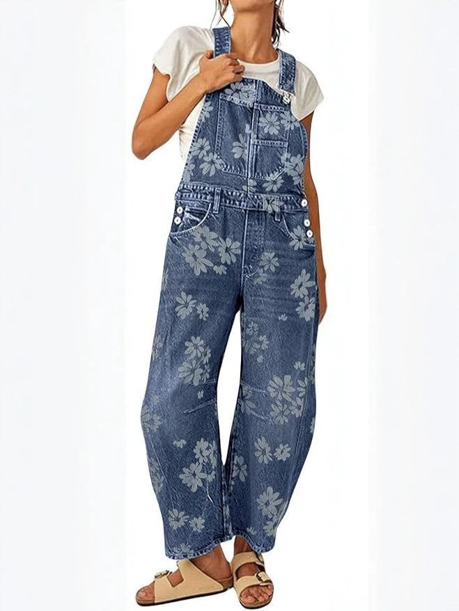 Floral Print Barrel Leg Denim Overalls with Pockets - Blue
