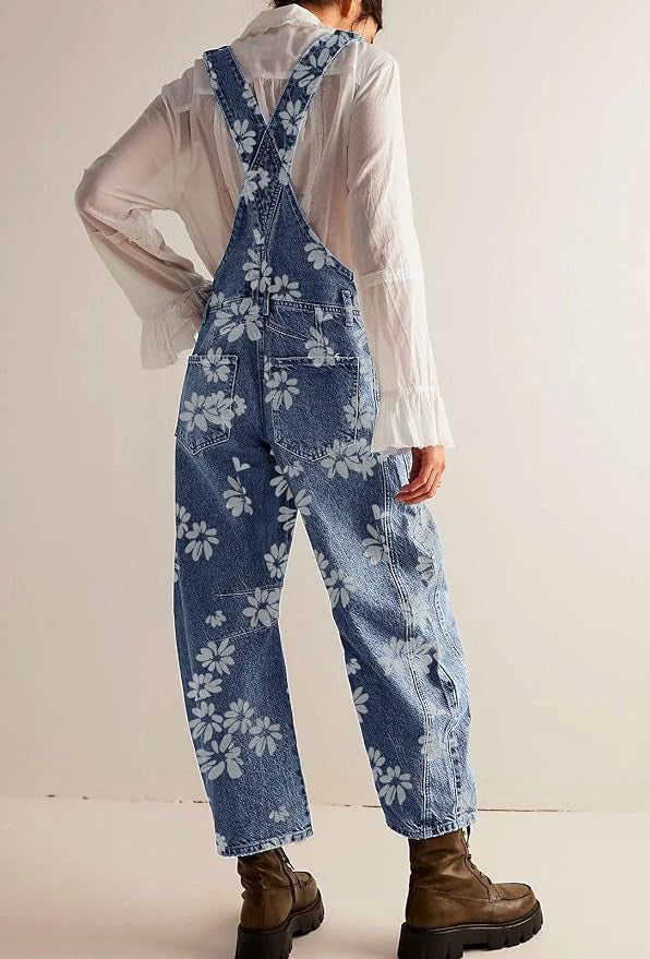Floral Print Barrel Leg Denim Overalls with Pockets - Blue - 1