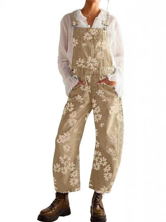 Floral Print Barrel Leg Denim Overalls with Pockets - Khaki