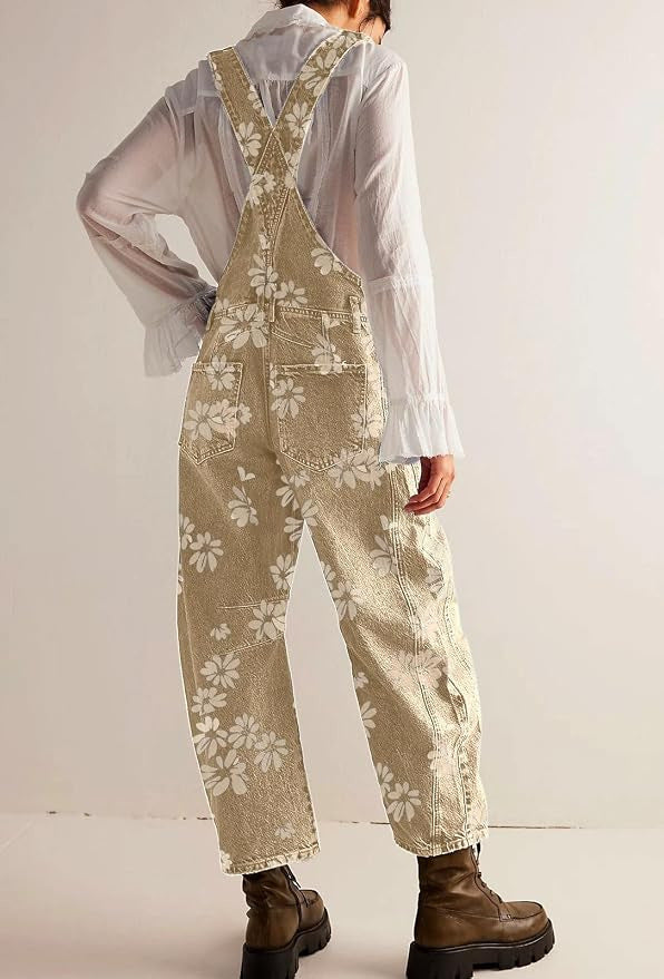 Floral Print Barrel Leg Denim Overalls with Pockets - Khaki - 1