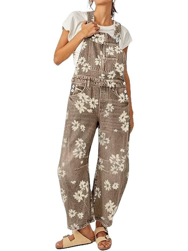 Floral Print Barrel Leg Denim Overalls with Pockets - LightBrown