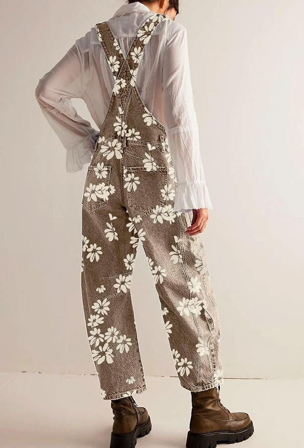 Floral Print Barrel Leg Denim Overalls with Pockets - LightBrown - 1