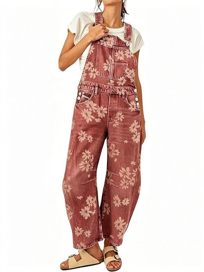 Floral Print Barrel Leg Denim Overalls with Pockets - Red